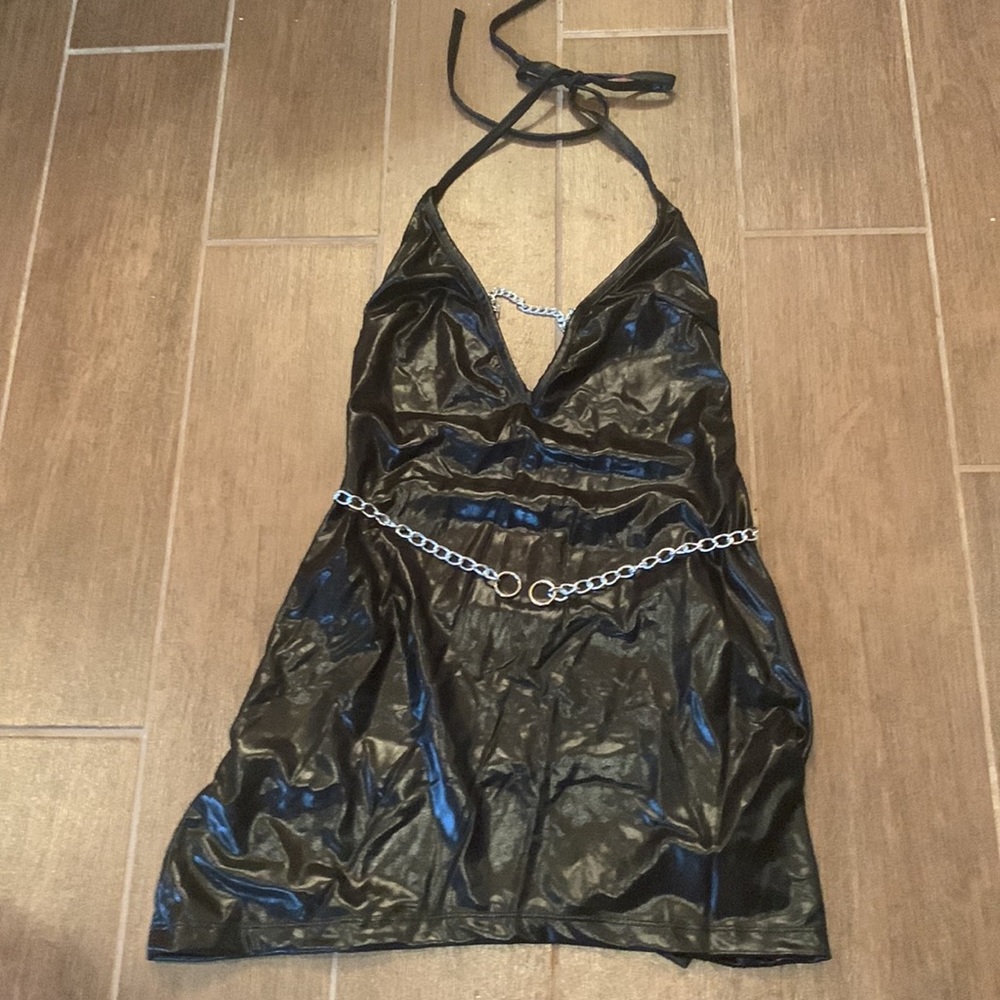 This super hot DREAMGIRLS wet look halter dress is accented with silver chains.